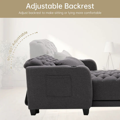 COOLMORE Multifunctional Living Room Leisure Chaise Lounge Barry Tufted Comfy Armchair Wireless Charging, Smooth Reclining Backrest & Lumbar Pillow for Home Apartment (Dark Grey linen)-海智集-Default-