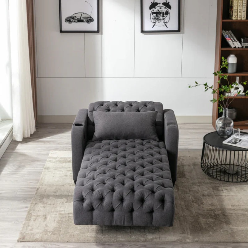 COOLMORE Multifunctional Living Room Leisure Chaise Lounge Barry Tufted Comfy Armchair Wireless Charging, Smooth Reclining Backrest & Lumbar Pillow for Home Apartment (Dark Grey linen)-海智集-Default-