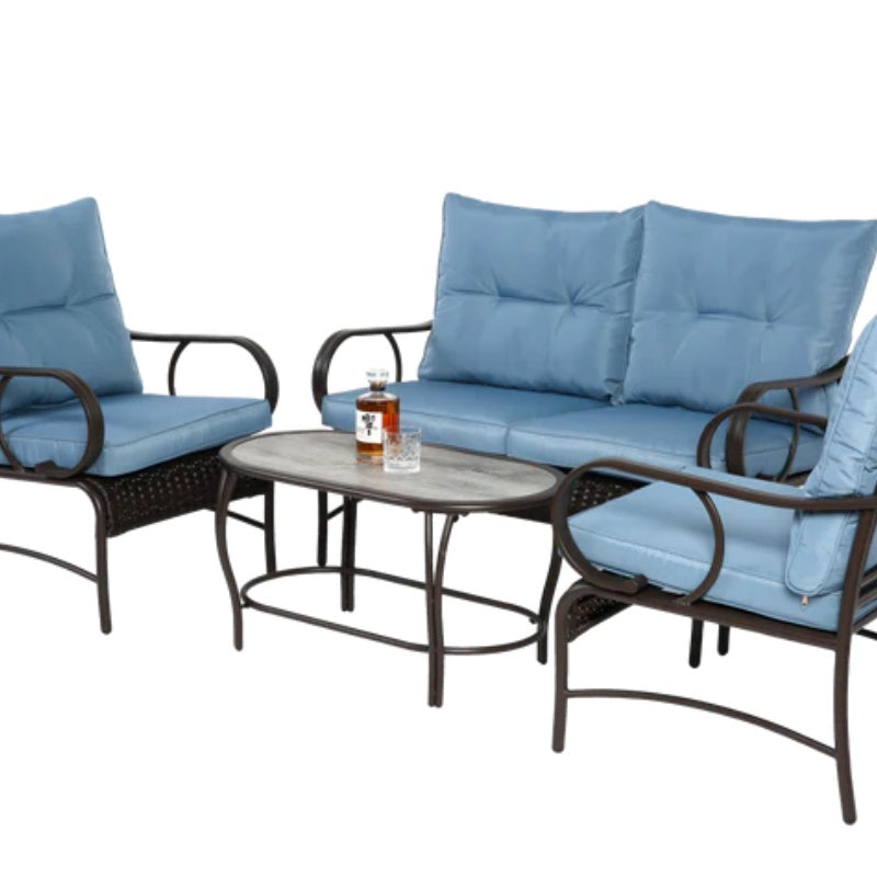 4 Piece Outdoor Patio Furniture Sets, Wicker Conversation Set for Porch Deck, Brown Rattan Sofa Chair with Cushion-海智集-Default-