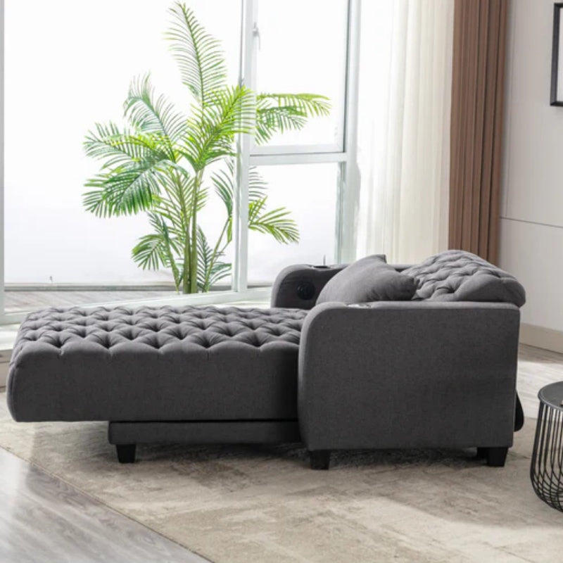 COOLMORE Multifunctional Living Room Leisure Chaise Lounge Barry Tufted Comfy Armchair Wireless Charging, Smooth Reclining Backrest & Lumbar Pillow for Home Apartment (Dark Grey linen)-海智集-Default-