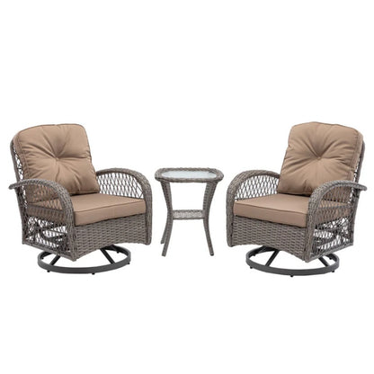 3 Pieces Outdoor Swivel Rocker Patio Chairs, 360 Degree Rocking Patio Conversation Set with Thickened Cushions and Glass Coffee Table for Backyard, Khaki-海智集-Default-