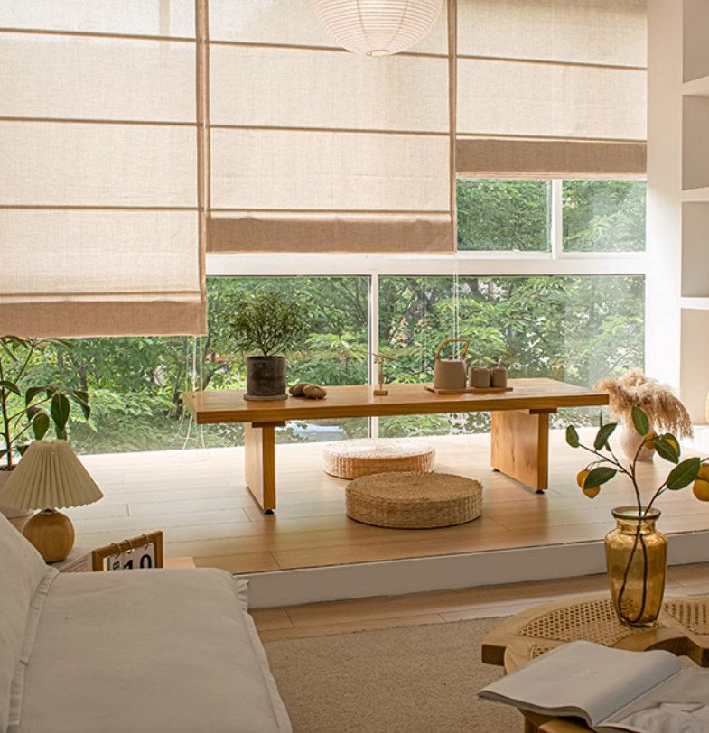 New Chinese-style roller blinds, Japanese Roman blinds, smart electric lifting curtains, linen simple style, cotton and linen not penetrating-海智集-
