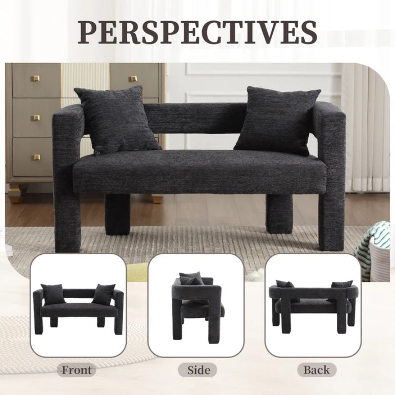 Modern Chenille Loveseat Sofa, Comfy Upholstered 2-Seater Sofa, Small Loveseat Accent Couch for Living Bedroom Leisure Areas, Carbon Black-海智集-Default-