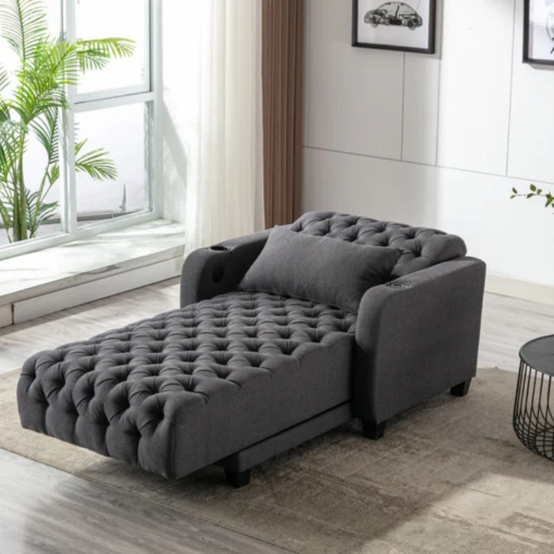 COOLMORE Multifunctional Living Room Leisure Chaise Lounge Barry Tufted Comfy Armchair Wireless Charging, Smooth Reclining Backrest & Lumbar Pillow for Home Apartment (Dark Grey linen)-海智集-Default-
