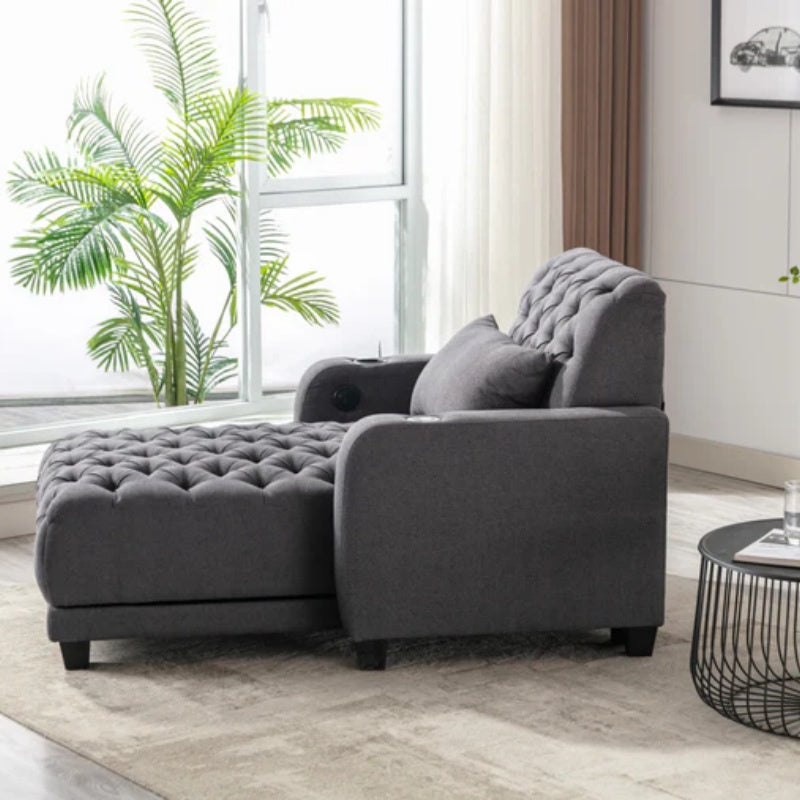 COOLMORE Multifunctional Living Room Leisure Chaise Lounge Barry Tufted Comfy Armchair Wireless Charging, Smooth Reclining Backrest & Lumbar Pillow for Home Apartment (Dark Grey linen)-海智集-Default-