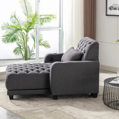 COOLMORE Multifunctional Living Room Leisure Chaise Lounge Barry Tufted Comfy Armchair Wireless Charging, Smooth Reclining Backrest & Lumbar Pillow for Home Apartment (Dark Grey linen)-海智集-Default-