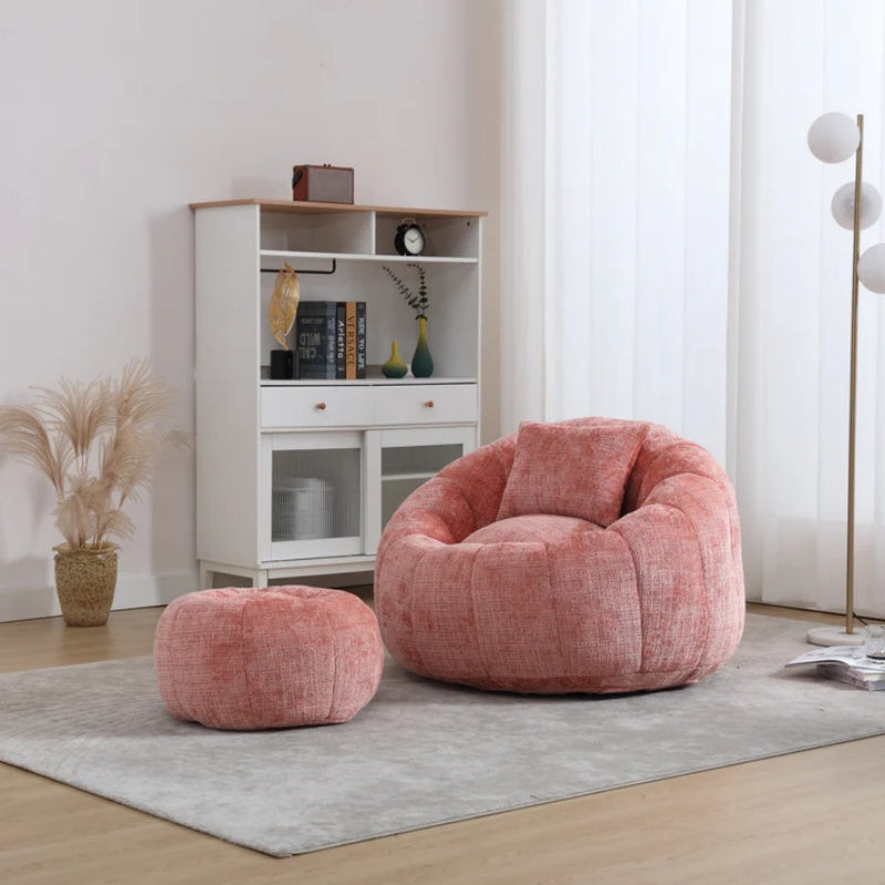 COOLMORE Modern Extra Large Round Bean Bag Chair with Footrest for Living Room, Chenille Fabric Lazy Sofa with Pillow for Adults, Teenagers,Child, Suitable for Bedroom, Dormitory, Study Room-海智集-Default-