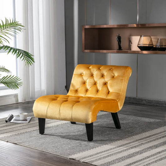 COOLMORE Modern Velvet Armless Accent Living Room Chair / Leisure Chair,Upholstered Fabric Button Comfortable Chair with Wooden Legs for Bedroom, Living Room, Office (Mustard Velvet)-海智集-Default-