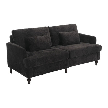 Mid Century Modern Chenille Fabric Loveseat Sofa with Brown Wood Feet, 2-Seat Upholstered Couch for Living Room or Bedroom, Black-海智集-Default-