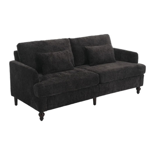 Mid Century Modern Chenille Fabric Loveseat Sofa with Brown Wood Feet, 2-Seat Upholstered Couch for Living Room or Bedroom, Black-海智集-Default-