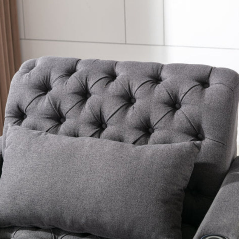 COOLMORE Multifunctional Living Room Leisure Chaise Lounge Barry Tufted Comfy Armchair Wireless Charging, Smooth Reclining Backrest & Lumbar Pillow for Home Apartment (Dark Grey linen)-海智集-Default-