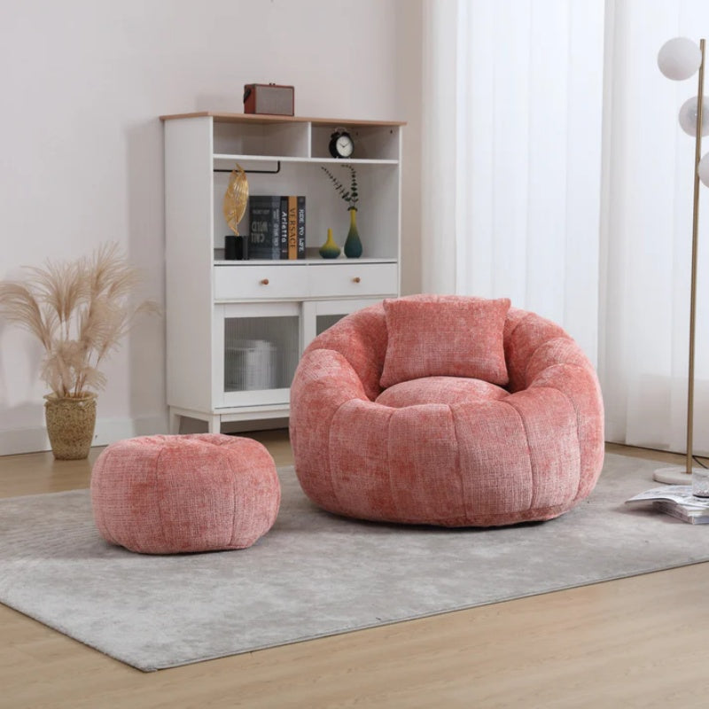 COOLMORE Modern Extra Large Round Bean Bag Chair with Footrest for Living Room, Chenille Fabric Lazy Sofa with Pillow for Adults, Teenagers,Child, Suitable for Bedroom, Dormitory, Study Room-海智集-Default-