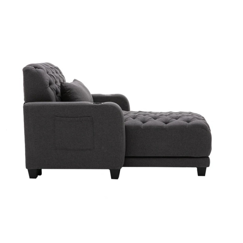 COOLMORE Multifunctional Living Room Leisure Chaise Lounge Barry Tufted Comfy Armchair Wireless Charging, Smooth Reclining Backrest & Lumbar Pillow for Home Apartment (Dark Grey linen)-海智集-Default-