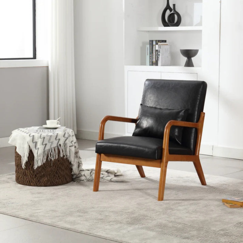 COOLMORE Modern Accent Chair, Solid Wood Padding Lounge Armchairs With One pillow for Living Room, Bedroom, Guest Room (Black PU)-海智集-Default-
