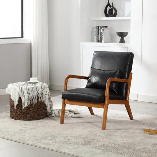 COOLMORE Modern Accent Chair, Solid Wood Padding Lounge Armchairs With One pillow for Living Room, Bedroom, Guest Room (Black PU)-海智集-Default-