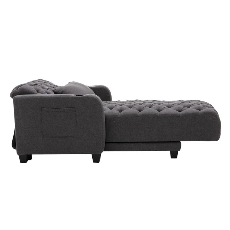 COOLMORE Multifunctional Living Room Leisure Chaise Lounge Barry Tufted Comfy Armchair Wireless Charging, Smooth Reclining Backrest & Lumbar Pillow for Home Apartment (Dark Grey linen)-海智集-Default-