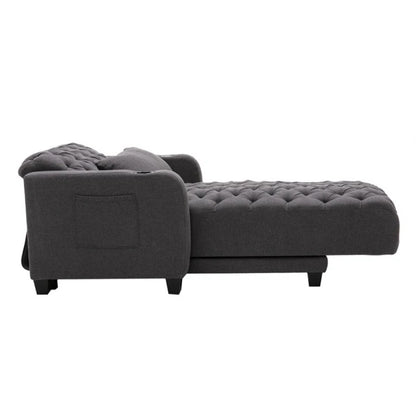 COOLMORE Multifunctional Living Room Leisure Chaise Lounge Barry Tufted Comfy Armchair Wireless Charging, Smooth Reclining Backrest & Lumbar Pillow for Home Apartment (Dark Grey linen)-海智集-Default-