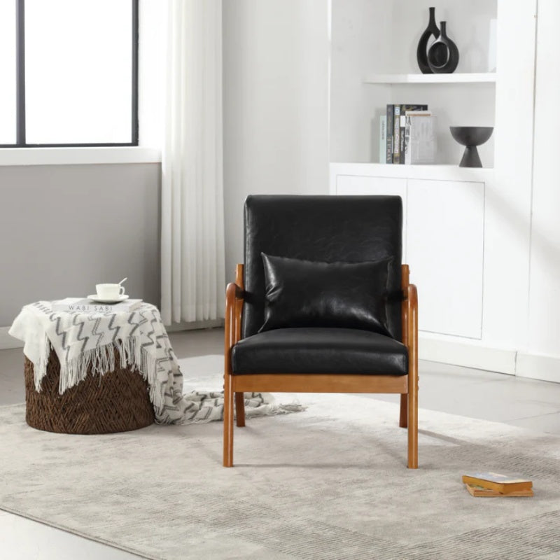 COOLMORE Modern Accent Chair, Solid Wood Padding Lounge Armchairs With One pillow for Living Room, Bedroom, Guest Room (Black PU)-海智集-Default-