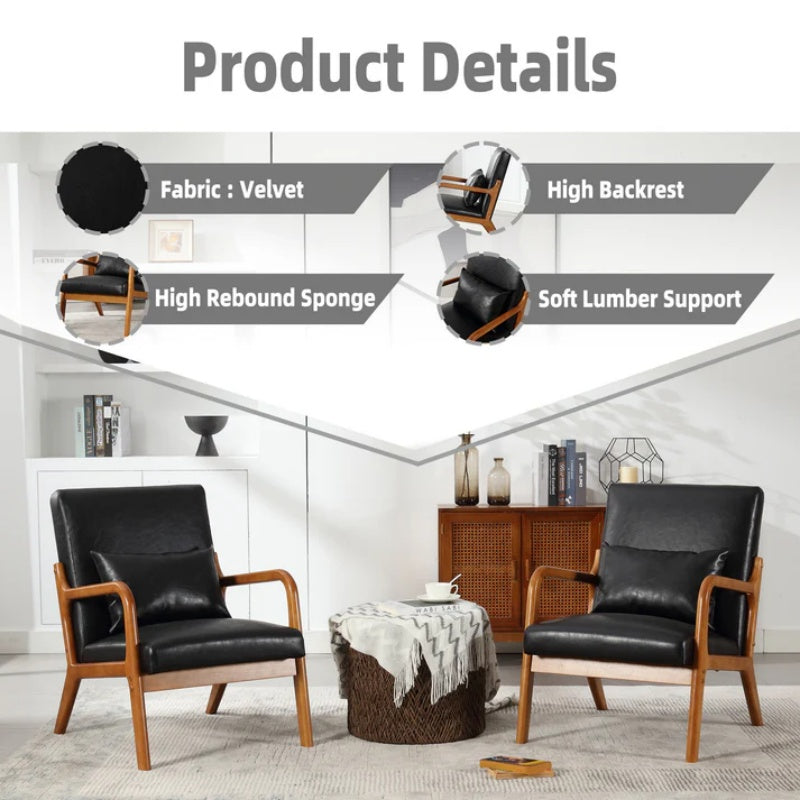 COOLMORE Modern Accent Chair, Solid Wood Padding Lounge Armchairs With One pillow for Living Room, Bedroom, Guest Room (Black PU)-海智集-Default-