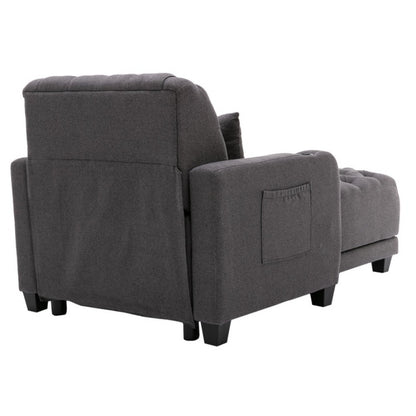 COOLMORE Multifunctional Living Room Leisure Chaise Lounge Barry Tufted Comfy Armchair Wireless Charging, Smooth Reclining Backrest & Lumbar Pillow for Home Apartment (Dark Grey linen)-海智集-Default-