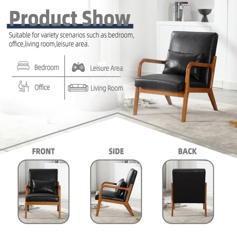 COOLMORE Modern Accent Chair, Solid Wood Padding Lounge Armchairs With One pillow for Living Room, Bedroom, Guest Room (Black PU)-海智集-Default-