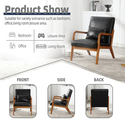 COOLMORE Modern Accent Chair, Solid Wood Padding Lounge Armchairs With One pillow for Living Room, Bedroom, Guest Room (Black PU)-海智集-Default-