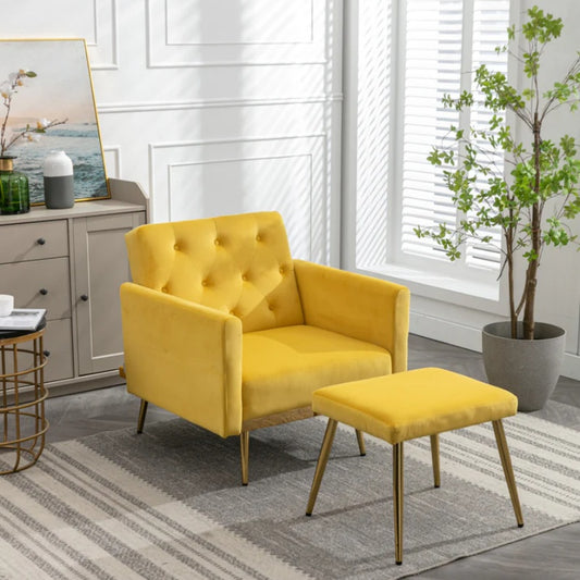 COOLMORE Velvet Accent Chair with Adjustable Armrests and Backrest, Button Tufted Lounge Chair, Single Recliner Armchair with Ottoman-海智集-Default-