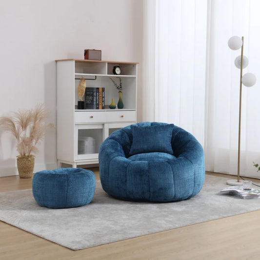 COOLMORE Modern Extra Large Round Bean Bag Chair with Footrest for Living Room, Chenille Fabric Lazy Sofa with Pillow for Adults, Teenagers,Child, Suitable for Bedroom, Dormitory, Study Room-海智集-Default-