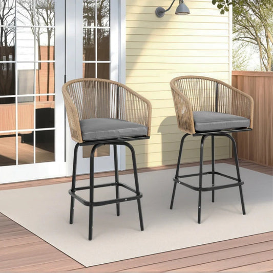 Outdoor Bar Stools Set of 2, 2-Piece Patio Bar Stools with Armrests, All Weather Rattan Bar Chairs with Backrest, Wicker Bar Stools for Backyard, Garden, Pool, Balcony and Deck- Gery-海智集-Default-