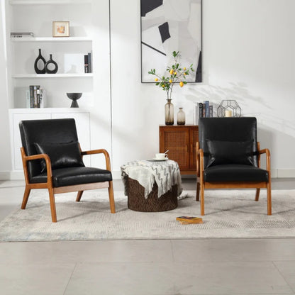 COOLMORE Modern Accent Chair, Solid Wood Padding Lounge Armchairs With One pillow for Living Room, Bedroom, Guest Room (Black PU)-海智集-Default-