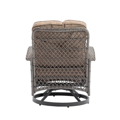 3 Pieces Outdoor Swivel Rocker Patio Chairs, 360 Degree Rocking Patio Conversation Set with Thickened Cushions and Glass Coffee Table for Backyard, Khaki-海智集-Default-
