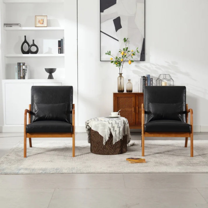 COOLMORE Modern Accent Chair, Solid Wood Padding Lounge Armchairs With One pillow for Living Room, Bedroom, Guest Room (Black PU)-海智集-Default-