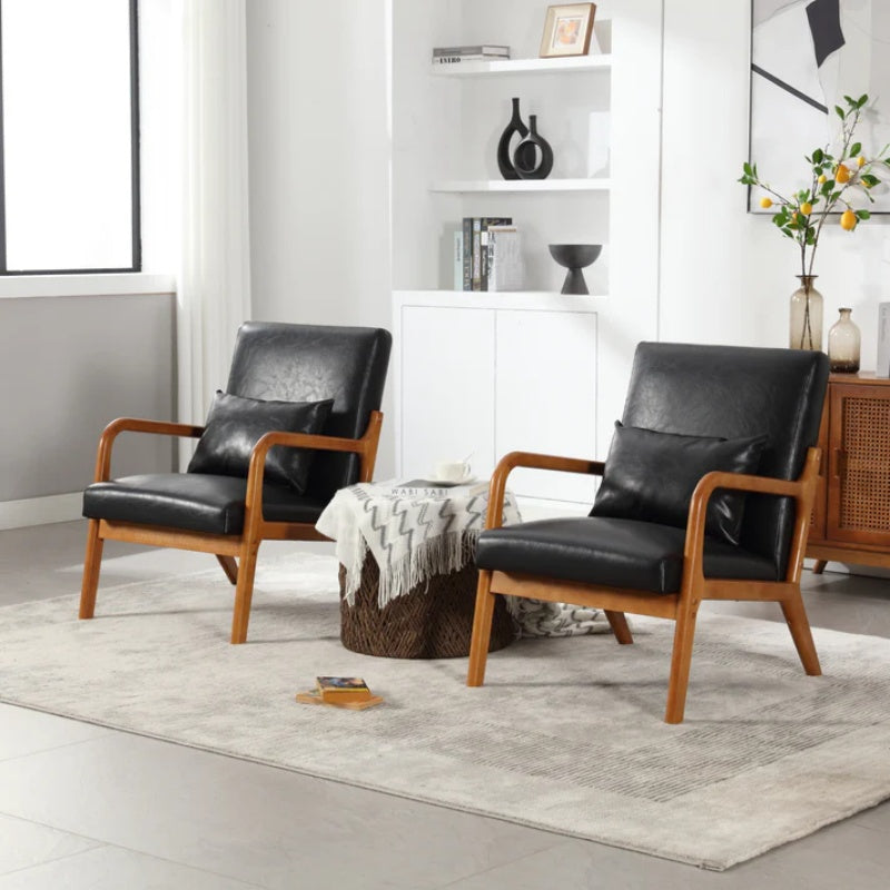 COOLMORE Modern Accent Chair, Solid Wood Padding Lounge Armchairs With One pillow for Living Room, Bedroom, Guest Room (Black PU)-海智集-Default-