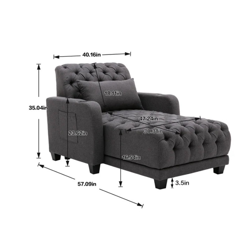 COOLMORE Multifunctional Living Room Leisure Chaise Lounge Barry Tufted Comfy Armchair Wireless Charging, Smooth Reclining Backrest & Lumbar Pillow for Home Apartment (Dark Grey linen)-海智集-Default-