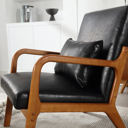 COOLMORE Modern Accent Chair, Solid Wood Padding Lounge Armchairs With One pillow for Living Room, Bedroom, Guest Room (Black PU)-海智集-Default-