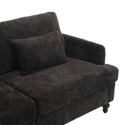 Mid Century Modern Chenille Fabric Loveseat Sofa with Brown Wood Feet, 2-Seat Upholstered Couch for Living Room or Bedroom, Black-海智集-Default-