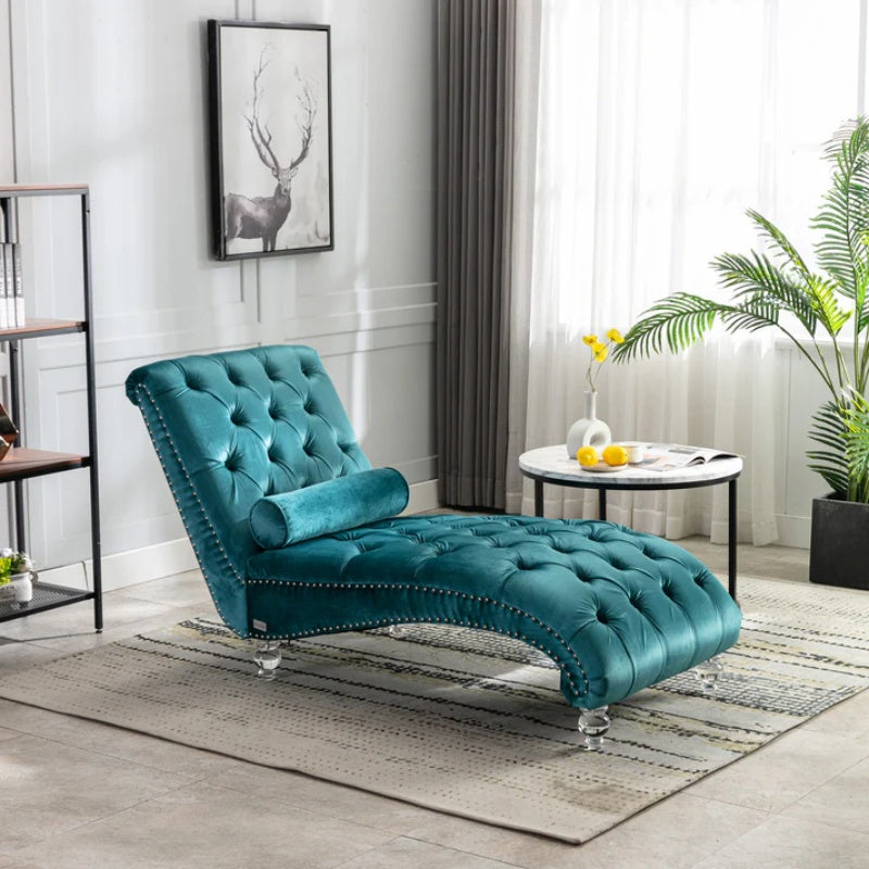 Velvet Chaise Lounge Indoor, Button-Tufted Upholstered Chaise Lounge Chair with Pillow, Teal Velvet, 63.38 inch-海智集-Default-