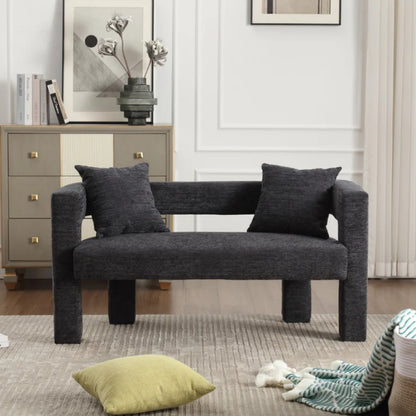 Modern Chenille Loveseat Sofa, Comfy Upholstered 2-Seater Sofa, Small Loveseat Accent Couch for Living Bedroom Leisure Areas, Carbon Black-海智集-Default-