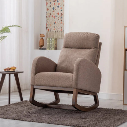 Rocking Chair, Modern Glider Chair, Recliner Armchair with Wood Legs and Side Pocket, Nursery Rocking Accent Chair with High Back for Living Room Bedroom (Camel linen)-海智集-Default-