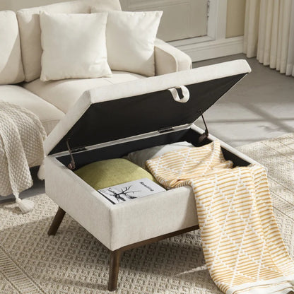 Mid-century modern square coffee table storage bench, assembled, suitable for living room, entryway and family room, used as a coffee table, stirrups, shoe bench-海智集-Default-