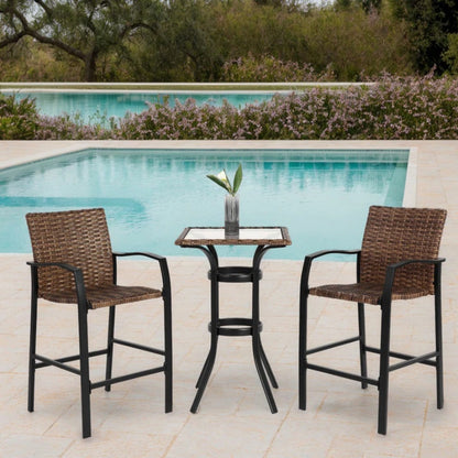 3 Pieces Outdoor Bar Stools Set,Rattan Bar Chairs,with glass table top, Wicker Bar Stools for Backyard, Garden, Pool, Balcony and Deck, Brown-海智集-Default-