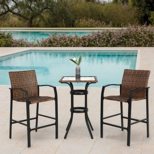 3 Pieces Outdoor Bar Stools Set,Rattan Bar Chairs,with glass table top, Wicker Bar Stools for Backyard, Garden, Pool, Balcony and Deck, Brown-海智集-Default-