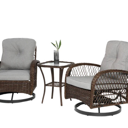 3 Pieces Outdoor Swivel Rocker Patio Chairs, 360 Degree Rocking Patio Conversation Set with Thickened Cushions and Glass Coffee Table for Backyard, Grey-海智集-Default-
