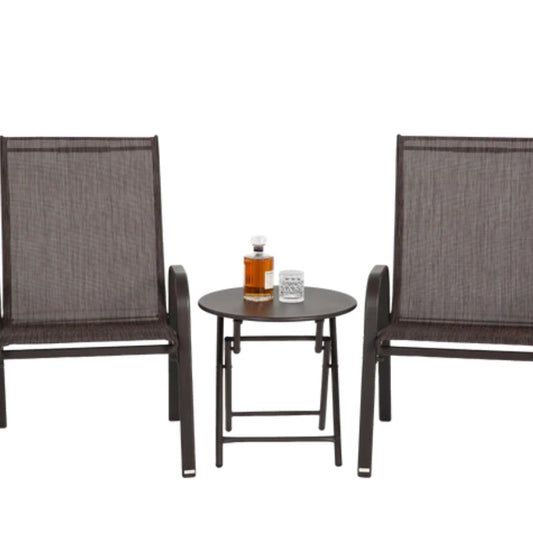 3 Piece Patio set, Outdoor Camping Chairs with Breathable Textilene Fabric, folding table with steel table top, 2chairs and 1table set ( Brown)-海智集-Default-