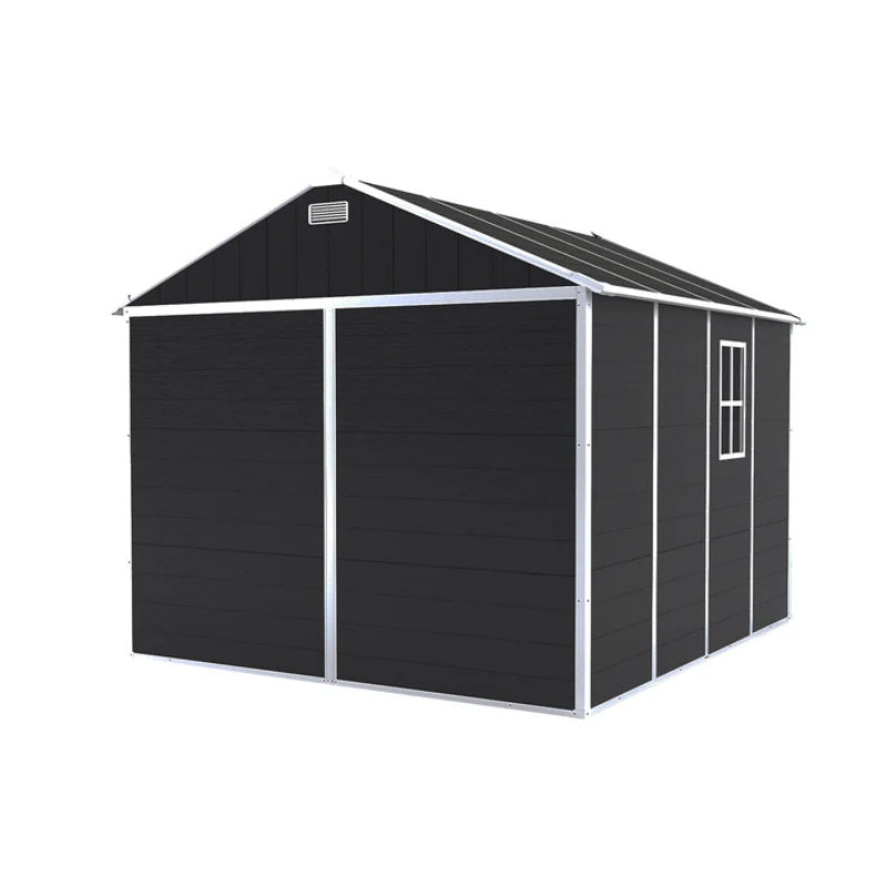 Campcraft 8*8ft resin storage shed, high quality pp material, strong structure, waterproof, rust and UV proof, large storage space, 12mm thick pp board, HD window lighting Dark gray-海智集-Default-