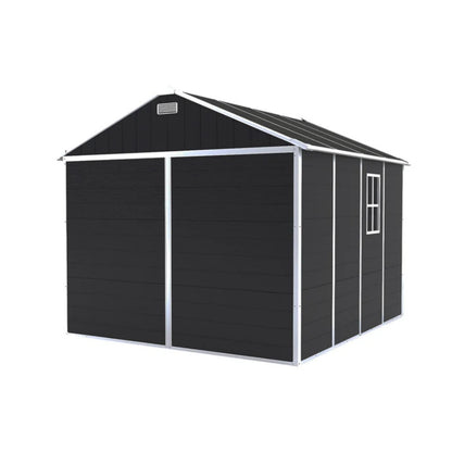 Campcraft 8*8ft resin storage shed, high quality pp material, strong structure, waterproof, rust and UV proof, large storage space, 12mm thick pp board, HD window lighting Dark gray-海智集-Default-