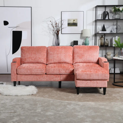 UNITED WE WIN Sofa for three, solid wood frame, Chenille fabric, side pocket, with two cup holders, footstool with storagestorage sofa /Living room sofa cozy sectional sofa-海智集-Default-