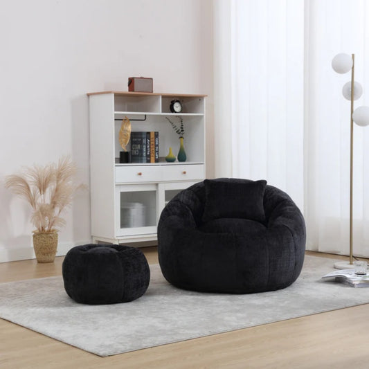 COOLMORE Modern Extra Large Round Bean Bag Chair with Footrest for Living Room, Chenille Fabric Lazy Sofa with Pillow for Adults, Teenagers,Child, Suitable for Bedroom, Dormitory, Study Room-海智集-Default-