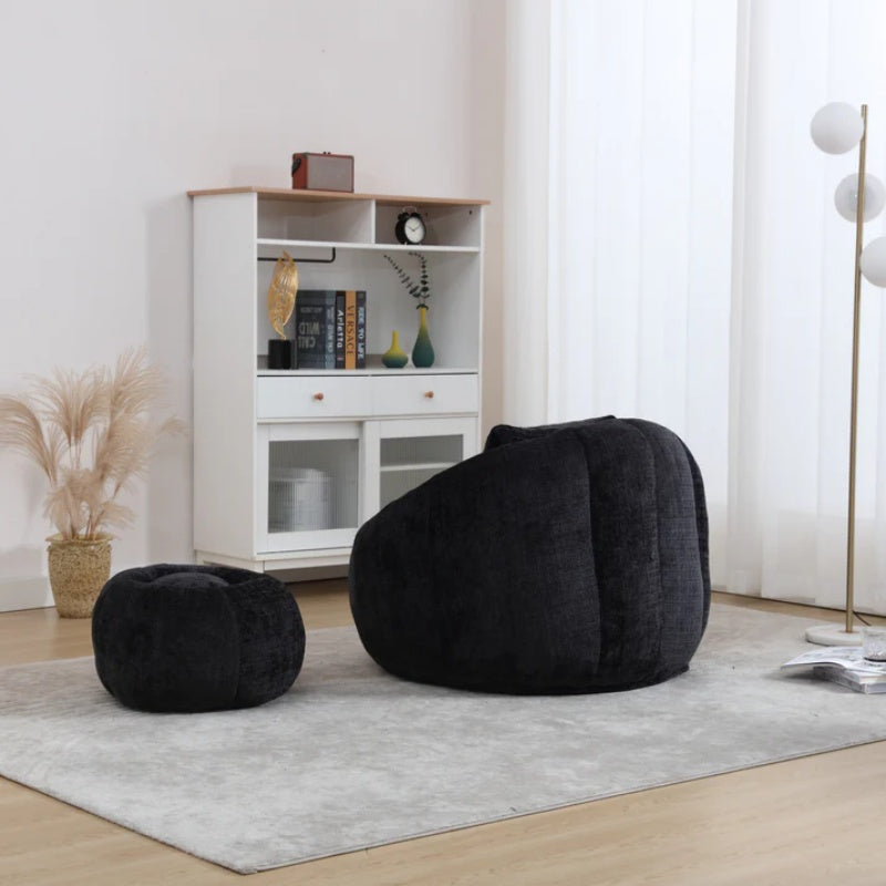 COOLMORE Modern Extra Large Round Bean Bag Chair with Footrest for Living Room, Chenille Fabric Lazy Sofa with Pillow for Adults, Teenagers,Child, Suitable for Bedroom, Dormitory, Study Room-海智集-Default-