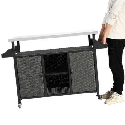 Large bar cart,Outdoor Kitchen Wicker Island Rolling Cart & Storage Cabinet, Wheels and Stainless Steel Extended Table Top, Side Handle for Patio Kitchen or Bar Cart, Grey-海智集-Default-